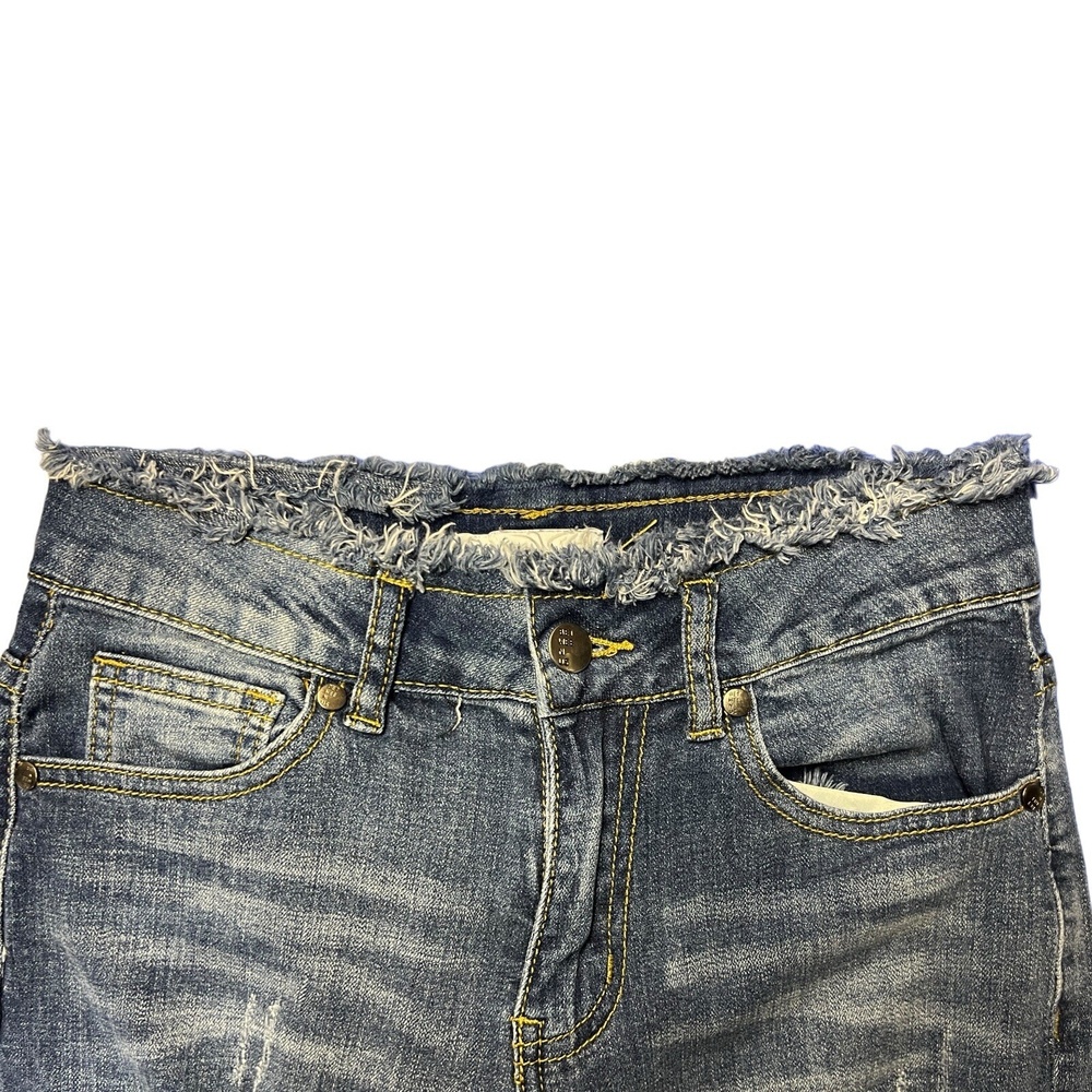 Between Us Jeans Size 3 Blue High Rise Distressed Ripped Fringe 90s Retro Boho - Picture 6 of 11